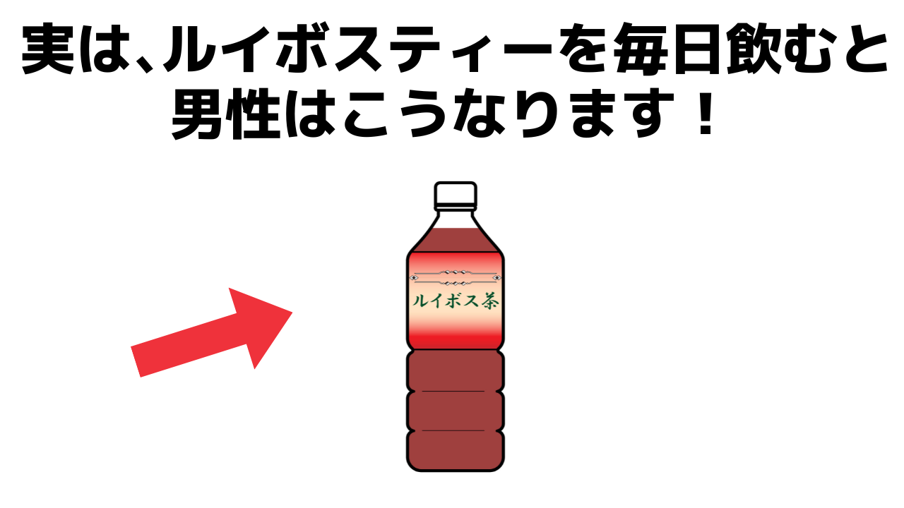 ルイボスティーのペットボトルと赤い矢印、「実は、ルイボスティーを毎日飲むと男性はこうなります！」の文字