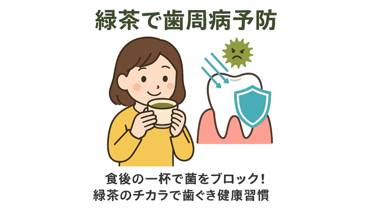 緑茶を飲む女性と、歯周病菌から歯を守るイメージイラスト